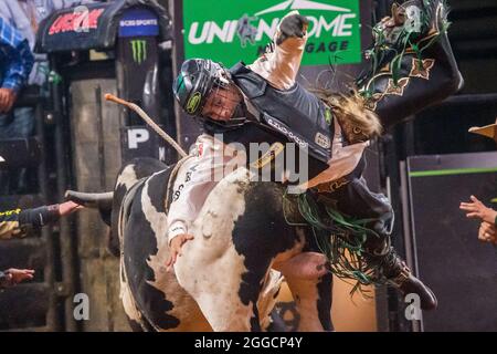 Fort Worth, Texas, USA. August 2021. Professional Bull Riders in Aktion während des Tractor Supply Co. Iron Cowboy Bull Riding Events in der Dickies Arena in Fort Worth, Texas. (Bild: © Dan Wozniak/ZUMA Press Wire) Stockfoto