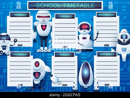 Zeitplan Zeitplan mit Cartoon-Roboter, Vektor wöchentliche Lektionen Planer Vorlage. Kinder-Zeitschalung mit Androiden, Schulrahmendesign mit künstlicher Int. Stock Vektor
