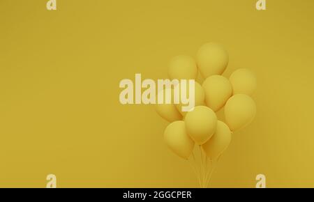 Festliche Ballons auf gelbem Hintergrund. Feiern Sie einen Geburtstag, Poster, Banner Glückwunschkarte. 3d-Rendering. Stockfoto