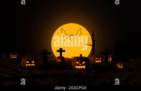 Halloween Kürbisse mit einem Friedhof und fliegende Fledermaus bei Mondschein gruselige Nacht. 3D-Rendering Stockfoto