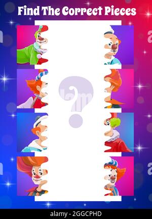 Kinder Spiel finden Sie eine richtige Zirkus Clown Stücke. Vektor-Puzzle, Logik-Rätsel oder Labyrinth-Spiel der Kinder Bildung, passende Hälften von Cartoon-Bilder w Stock Vektor