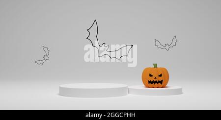 Halloween Kürbis mit Podest Podium auf weißem Hintergrund. Abstrakte geometrische Minimalszene für Produktanzeige, Banner, Vorlage. 3D-Rendering-Illustration Stockfoto
