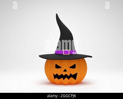 3D-Rendering. Halloween Kürbis trägt einen Hexenhut auf weißem Hintergrund. Happy Halloween Hintergrund Stockfoto