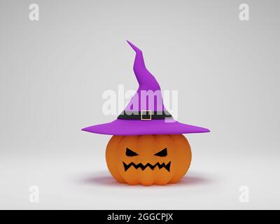 3D-Rendering. Halloween Kürbis trägt einen Hexenhut auf weißem Hintergrund. Stockfoto