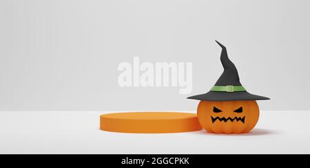 3D-Rendering. Halloween Kürbis trägt einen Hexenhut mit Zylinder Podium zur Produktanzeige. Abstrakte minimale Szene für Halloween Hintergrund Stockfoto