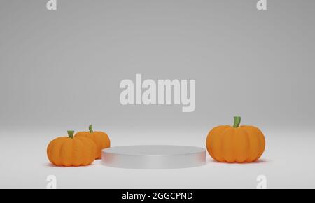 3D Rendering. Kürbis mit Zylinder Podium auf weißem Hintergrund. Abstrakte minimale Szene für Halloween Hintergrund Stockfoto