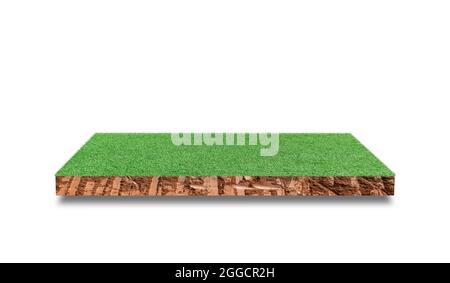 Boden kubischer Querschnitt mit grünem Gras Feld isoliert auf weißem Hintergrund. Stockfoto