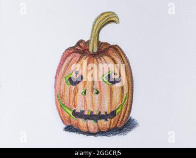 Handgezeichnetes Kürbis halloween auf weißem Papier Hintergrund. Bild Zeichnung von Buntstiften. Stockfoto