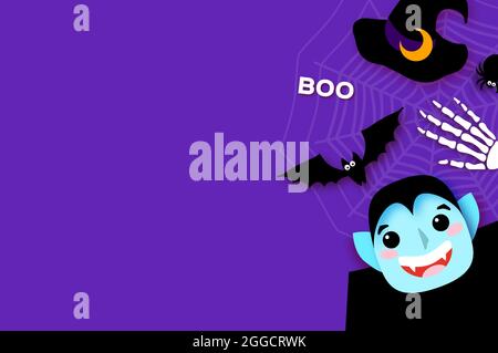 Frohe Halloween. Monster. Dracula - lustige gruselige Vampir. Trick or Treat. Fledermaus, Spinne, Netz, Knochen. Platz für Text Lila Vektor Stock Vektor