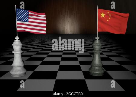 Spektakuläres Konzept der Darstellung von zwei Schachfiguren, die die Vereinigten Staaten und China darstellen, 3D-RENDERING. Stockfoto