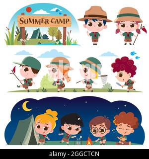 Eine lebendige und verspielte digitale Illustration von Kindern, die verschiedene Outdoor-Aktivitäten in einem Sommercamp genießen. Stock Vektor