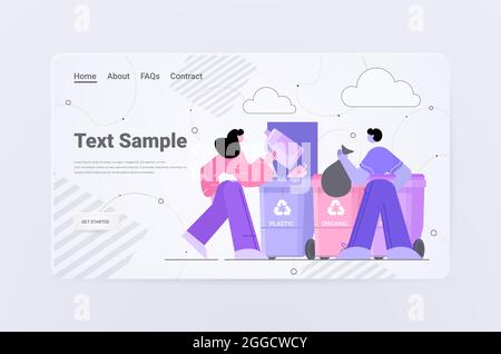 Menschen, die Müllsäcke in verschiedene Arten von Recycling-Behältern stellen, trennen die Abfallsortierungs-Management-Reinigungsservice Stock Vektor