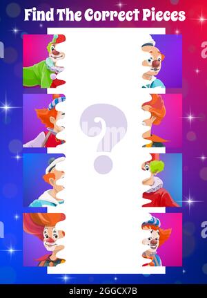 Kinder Spiel finden Sie eine richtige Zirkus Clown Stücke. Vektor-Puzzle, Logik-Rätsel oder Labyrinth-Spiel der Kinder Bildung, passende Hälften von Cartoon-Bilder w Stock Vektor