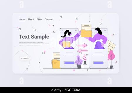 Geschäftsfrauen, die Dokumentenordner über Smartphones senden und empfangen, kopieren Transfer Exchange Datei-Sharing-Konzept horizontales Hochformat Kopie Raum Vektor Stock Vektor