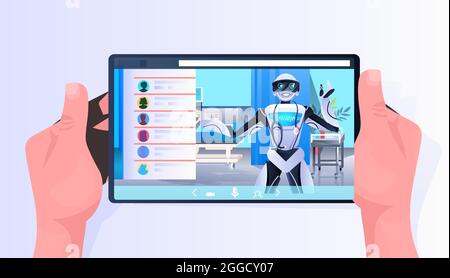 Roboter Arzt mit Stethoskop auf Tablet-Bildschirm Online-Beratung Medizin Gesundheitswesen Künstliche Intelligenz Stock Vektor