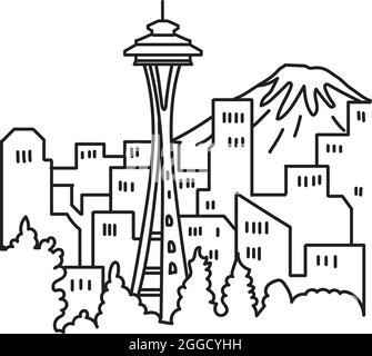 Monoline Darstellung der Skyline von Seattle City in der Innenstadt mit dem Wahrzeichen der Space Needle und Mount Rainier in Washington State, USA Stock Vektor