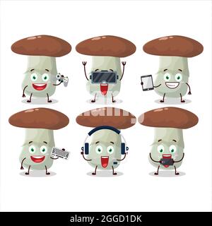 Suillus Pilz Cartoon-Figur spielen Spiele mit verschiedenen niedlichen Emoticons. Vektorgrafik Stock Vektor