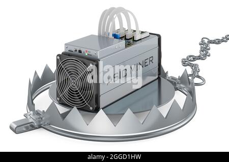 Bear Trap mit ASIC Bitcoin Miner, 3D-Rendering isoliert auf weißem Hintergrund Stockfoto