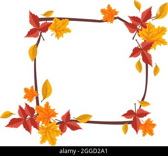 Quadratischer Rahmen mit orangefarbenen und gelben Ahornblättern. Heller Herbstkranz mit Geschenken der Natur und Ästen mit leerem Platz für Text Stock Vektor