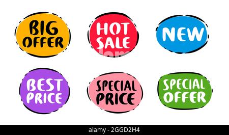 Satz von Verkaufsschildern isoliert auf bunten handgezeichneten Scribble-Kreisen Stock Vektor