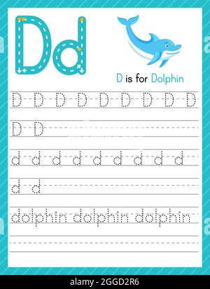 Trace-Buchstabe D in Groß- und Kleinbuchstaben. Alphabet Tracing Praxis Vorschule Arbeitsblatt für Kinder Englisch lernen mit niedlichen Cartoon Tier. Aktivität pag Stock Vektor