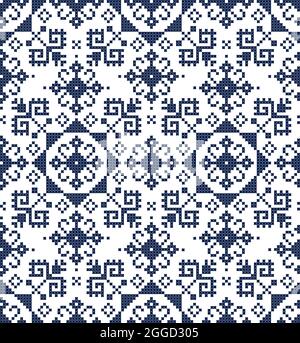 Retro Zmijanje Stickereien Stil Vektor Volkskunst nahtlose Muster - Textil- oder Stoffdruck Kreuzstich-Design mit Blumen aus Bosnien und Herzegowina Stock Vektor