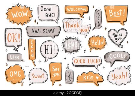 Komische Sprechblase mit Dialogwort Hi, ok, bye, Herzlich Willkommen. Handgezeichnete Skizze im Doodle-Stil. Vektordarstellung Sprechblase Chat, Nachrichtenelement. Stock Vektor