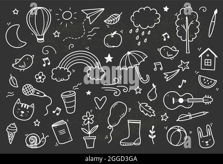 Niedliche Kreidetafel-Doodle mit Wolke, Regenbogen, Sonne, Tierelement. Handgezeichnete Linie für Kinder. Doodle Hintergrund Vektor Illustration. Stock Vektor
