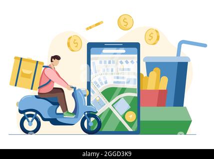Fast Food und Lebensmittelzustellung. Kontaktlose Lieferung von Ihrem Restaurant und Café. Verfolgung des Kurierdienstes während des Zustellvorgangs. Flach Stock Vektor