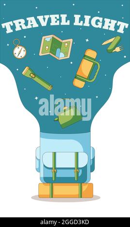 Vektor-Banner für einen Reise-Standort mit Zelten in der Wildnis, Reisen auf Licht mit allen notwendigen Geräten. Stock Vektor