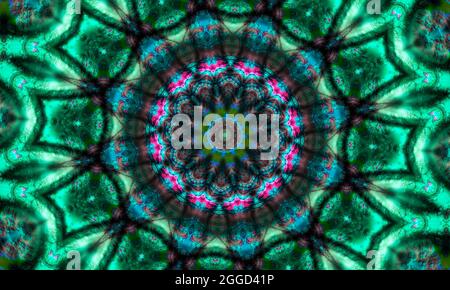Grünes geometrisches Design, Mosaik eines Kaleidoskops, abstrakter Mosaikhintergrund, farbenfroher futuristischer Hintergrund, geometrisches Muster. Stockfoto