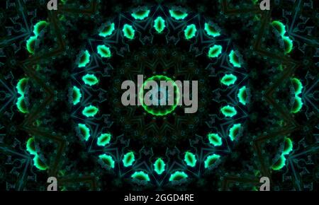 Abstrakt grün geometrische nahtlose Muster Hintergrund. Abstract Stripes Kaleidoskop. Psychedelische bunte Kaleidoskop VJ Hintergrund. Disco Abstract B Stockfoto