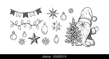 Handgezeichneter Weihnachtsknome im Weihnachtsmann Kostüm mit Weihnachtsbaum und Dekorationen. Vektorgrafik im Skizzenstil Stock Vektor