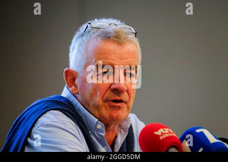 Ryanair-CEO Michael O'Leary im Bild bei einer Pressekonferenz der irischen Fluggesellschaft Ryanair am Dienstag, den 31. August 2021, in Brüssel. BELGA FOTO HADRIEN DURE Stockfoto