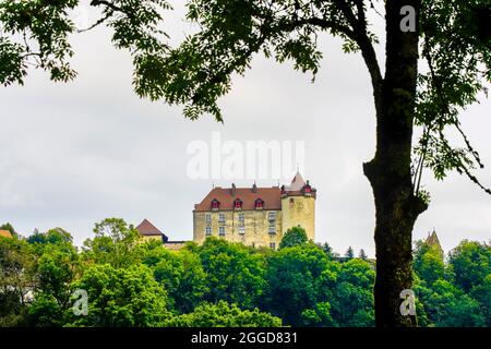 Panoramablick auf das mittelalterliche Burgdorf Gruyères in alpiner Landschaft. Kanton Freiburg, Schweiz. Stockfoto