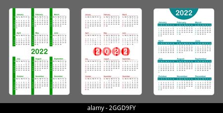 Stellen Sie den vertikalen einfachen Taschenkalender auf 2022 Jahre ein. Vektorvorlagen Kalender in Englisch. Stock Vektor