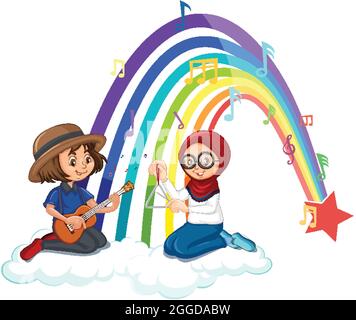 Zwei Kinder spielen Gitarre und Maracas mit Regenbogen-Illustration Stock Vektor