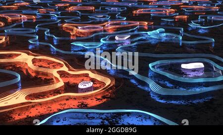 Abstrakte Landschaft leuchtender heller Hintergrund. 3D-Geografie-Konzept. 3D-Rendering-Bild. Stockfoto