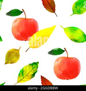Nahtloses Muster Botanical Illustration Herbstblätter und Apfel auf einem weißen Stockfoto