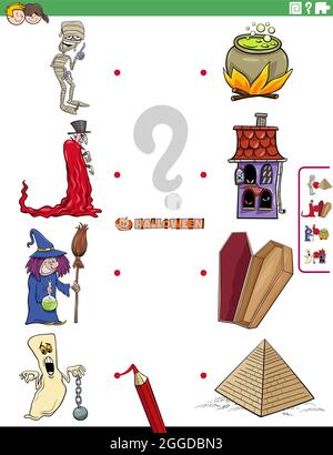 Cartoon Illustration von pädagogischen Matching-Spiel für Kinder mit gruseligen Halloween-Charaktere Stock Vektor