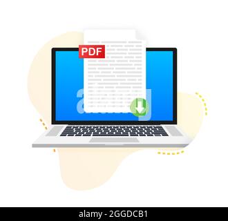 Download PDF-Taste auf Laptop-Bildschirm. Dokumentkonzept wird heruntergeladen. Datei mit PDF-Etikett und Pfeil nach unten. Vektorgrafik Stock Vektor