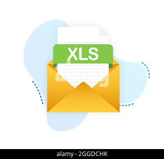 Download XLS-Taste auf Laptop-Bildschirm. Dokumentkonzept wird heruntergeladen. Datei mit XLS-Etikett und Pfeil nach unten. Vektorgrafik Stock Vektor