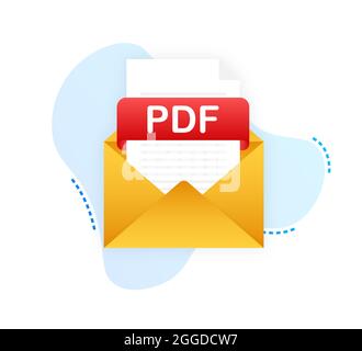 Download PDF-Taste auf Laptop-Bildschirm. Dokumentkonzept wird heruntergeladen. Datei mit PDF-Etikett und Pfeil nach unten. Vektorgrafik Stock Vektor