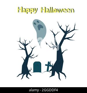 Grußkarte für Halloween, gruselige Bäume und Gräber mit Kreuzen, Vektorgrafik Stock Vektor