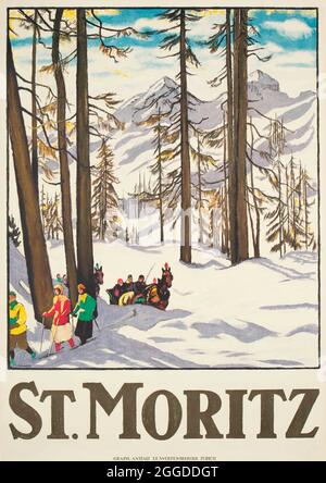 Klicken Sie auf Vintage Swiss Travel Poster - St. Moritz, 1920er Jahre Stockfoto