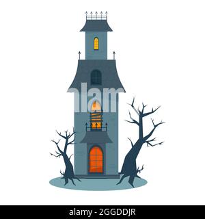 Gruseliges Spukhaus und kaputte Fenster, Halloween Horror House. Vektorgrafik im flachen Stil Stock Vektor