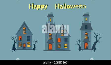 Gruseliges Spukhaus und kaputte Fenster, Halloween Horror House Set. Vektorgrafik im flachen Stil Stock Vektor