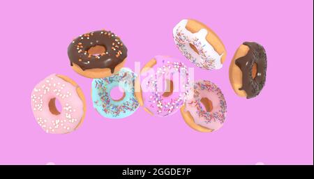 Flying Donuts - Mischung aus bunten süßen Donuts mit Streuseln auf rosa Hintergrund isoliert. 3d Stockfoto