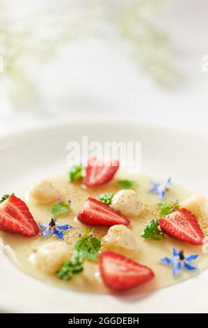 Joghurt und Ingwerbällchen in Vervain-Sauce, garniert mit Erdbeere und Kaffee Stockfoto