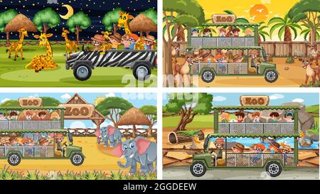 Set von verschiedenen Tieren in Safari-Szenen mit Kindern Illustration Stock Vektor
